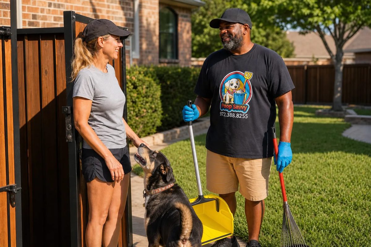 A Poop Savvy technician greeting a homeowner and her dog at their backyard gate