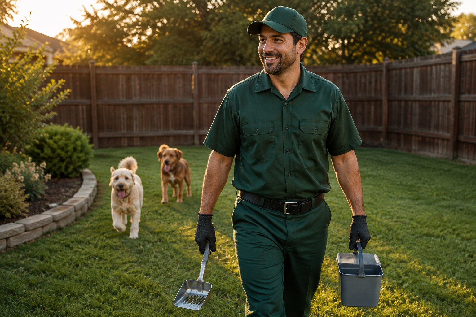 Friendly pet-waste technician walking through a backyard with two happy dogs