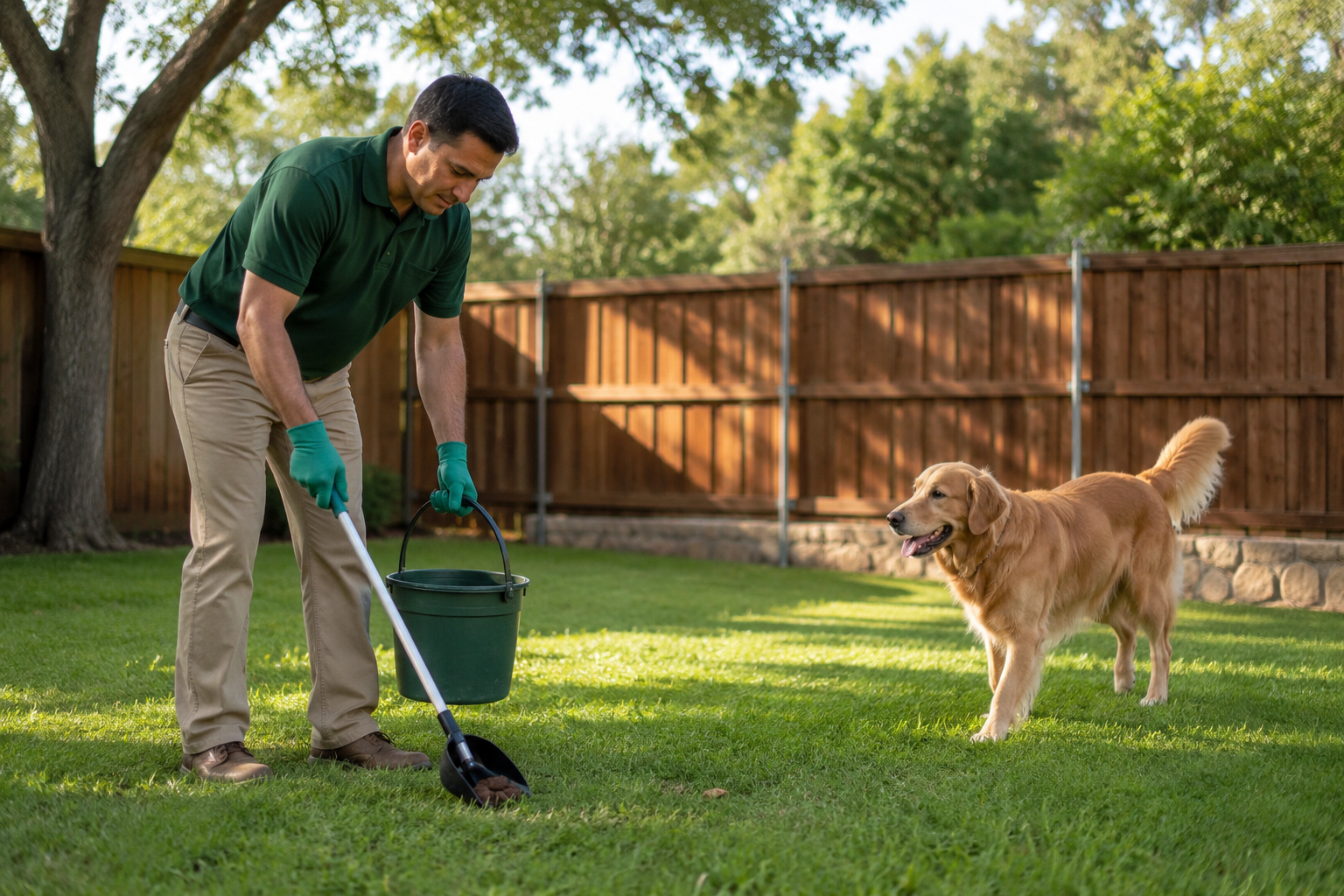 Pet-waste technician cleaning a sunny backyard while a golden retriever watches